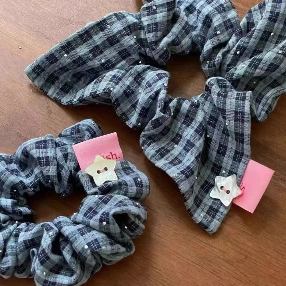 4/$15 Blue Plaid Sparkly Dots Square Scrunchies